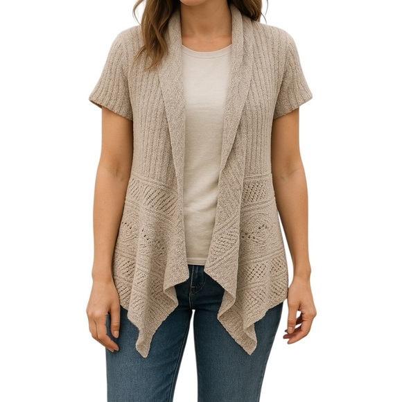 Woolrich Sweaters - Woolrich XL Dark Stone Beige 100% Cotton Short Sleeve Drape Knitted Cardigan